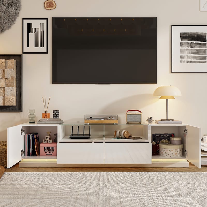 Modern TV Stand Matte Body High Gloss Doors with Color LED TV Console