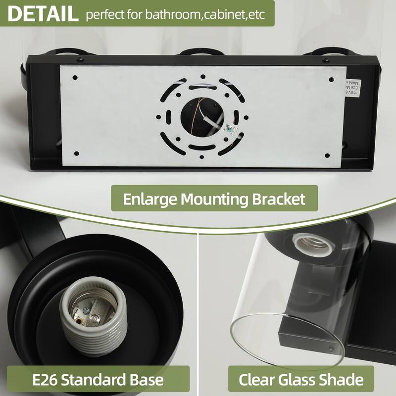 3 Light Bathroom Vanity Light, Matte Black Bathroom Light Fixtures with Clear Glass Shade, Vanity Light Fixtures Over Mirror