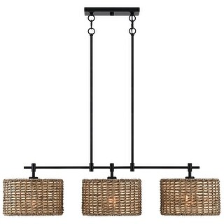 Sedgy 3-Light Black Farmhouse Rattan Island Light Linear Chandelier - 41"W