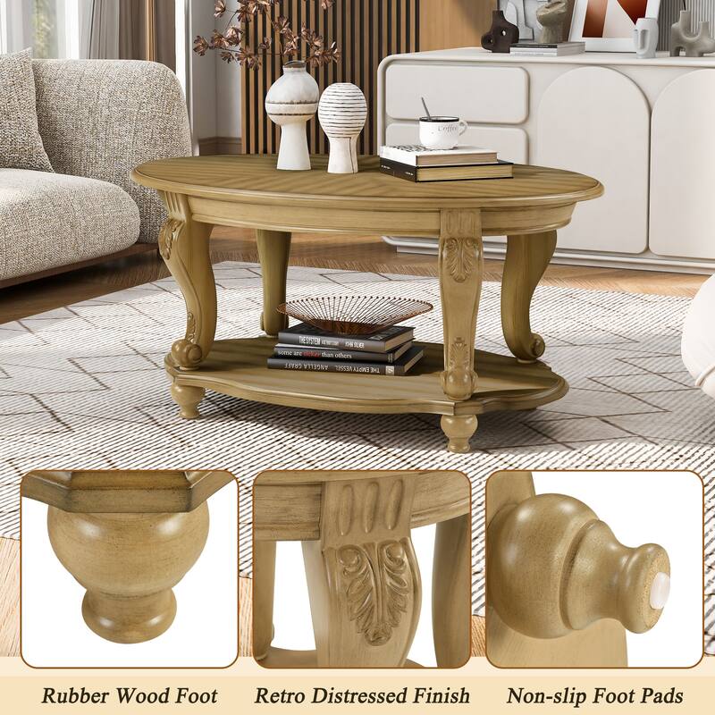 42" oval wood coffee table for Living Room, 2-Tier Solid Wood Cocktail Table with Open Storage Shelf, Antique Natural