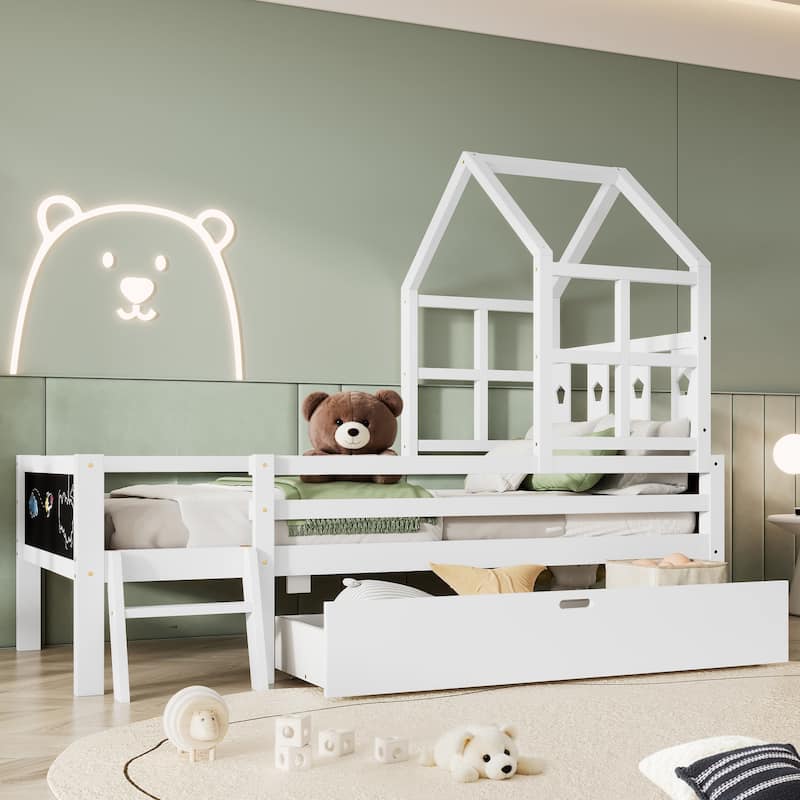 Solid Wood House Bed Frame,Twin/Full Size Platform Bed with Drawers