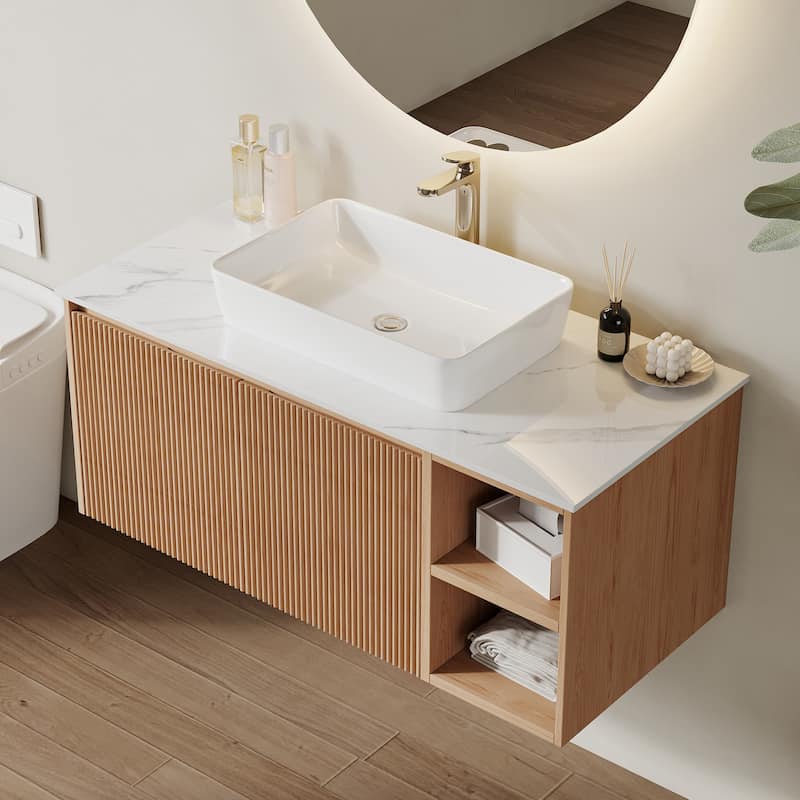 35.83'' Single Bathroom Vanity with Glossy Sintered Stone Top, Light Wood & Dark Wood - White - 36"