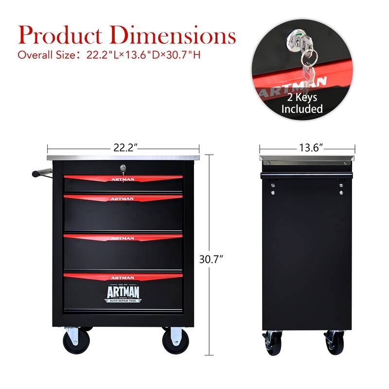 4-Drawer Rolling Tool Cart with Wheels for Garage, Workshop & Warehouse