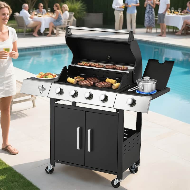 Outdoor Propane Gas Grill with Side Burner, Cast Iron Grates, Storage Cabinet, Easy Clean for Backyard & Patio