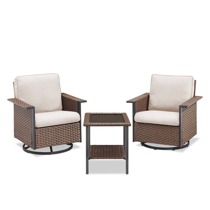 Pocassy Outdoor Wicker 3-Piece Swivel Chair with Side Table