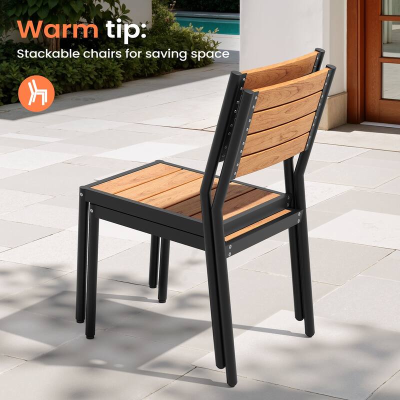 Set of 11 Outdoor Patio Dining Set WoodLike Table Top Aluminum Rectangular Umbrella Hole Table with Stackable Chairs Set