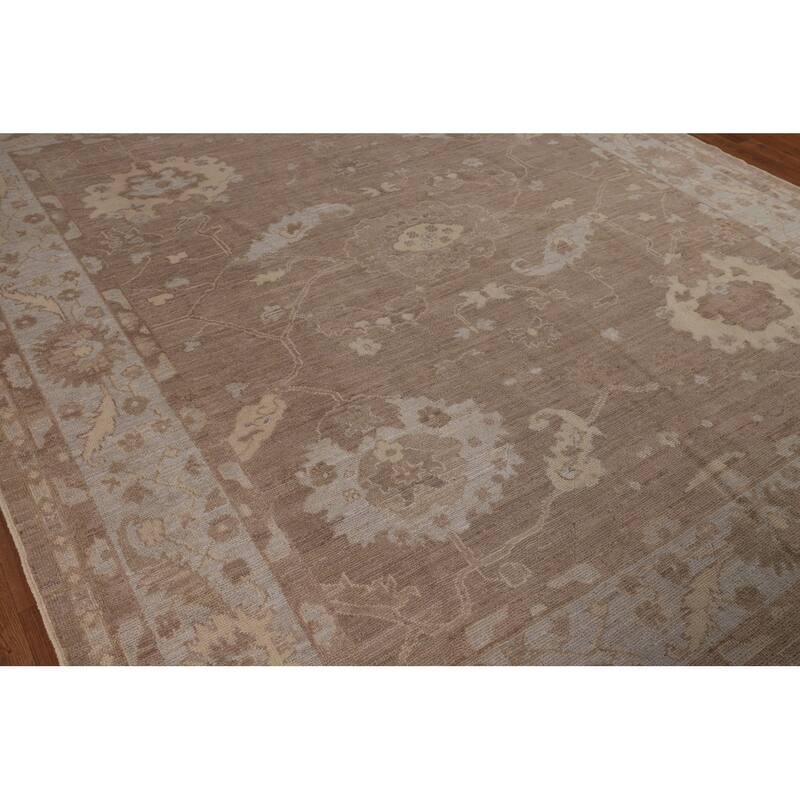 Brown Floral Oushak Vegetable Dye Area Rug Hand-Knotted Wool Carpet - 8'7"x 9'10"