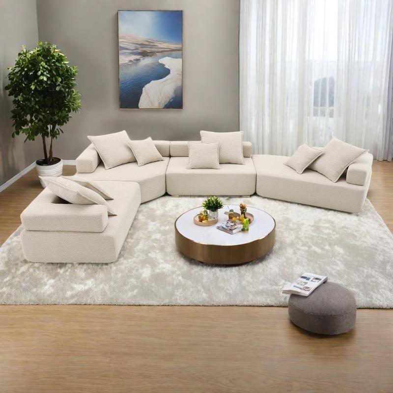 156" Boucle U-Shaped Modular Sectional Sofa with Free Combination Design and 8 Pillows - Beige