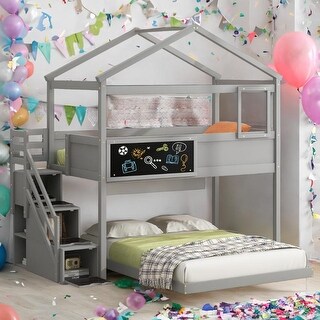 Twin over Full House Bunk Bed with Storage Staircase and Blackboard ...