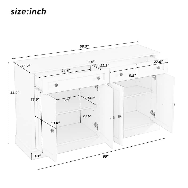 58" Storage Buffet Cabinet with 2 Drawers, 4 Doors, Adjustable Shelves for Dining Room