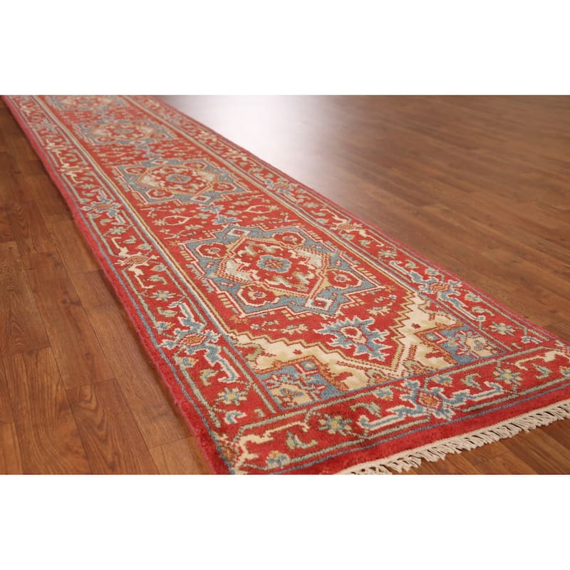 Traditional Heriz Serapi Style Runner Rug Hand-Knotted Wool Carpet - 2'6" x 11'5" - Red - 2'6" x 11'5"