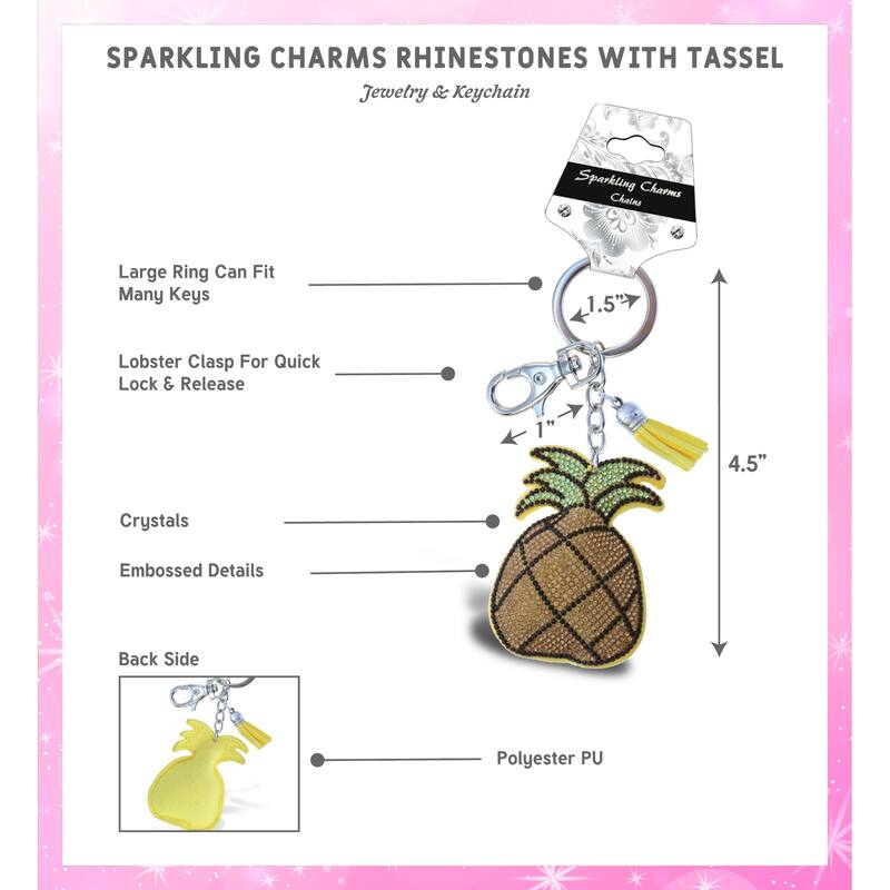 Aqua79 Pineapple Keychain - Yellow Sparkling Rhinestones Charm - 5.25 x 2.5 x 0.3 inches