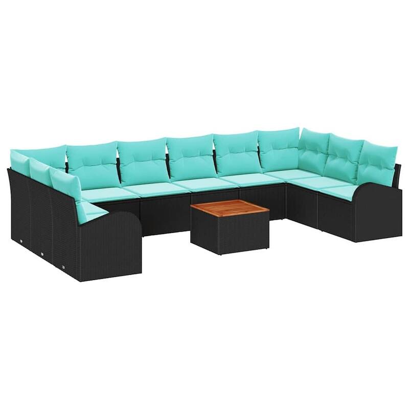 vidaXL 11 Piece Garden Sofa Set with Cushions Black Poly Rattan Acacia - 135.4×70.5×27.2