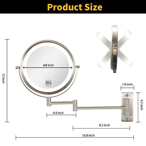 dimension image slide 0 of 5, 8 inch Double-Sided Wall Mounted 10X LED Magnifying Bathroom Mirror