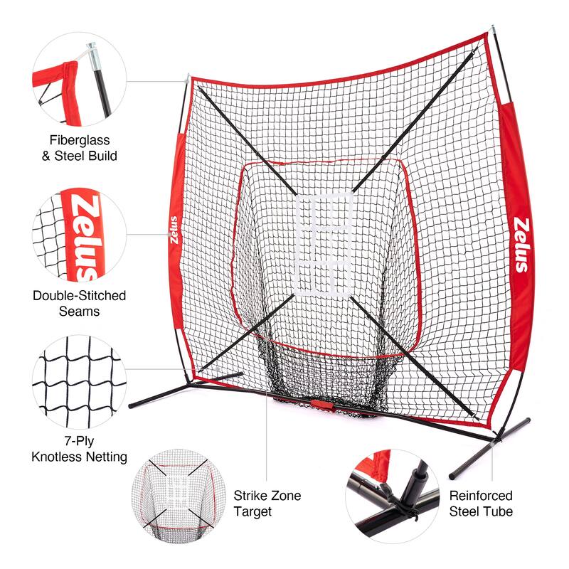 ZELUS 7x7ft Baseball Net Kit with with Carry Bag Ball Caddy & 12 Baseballs - Red