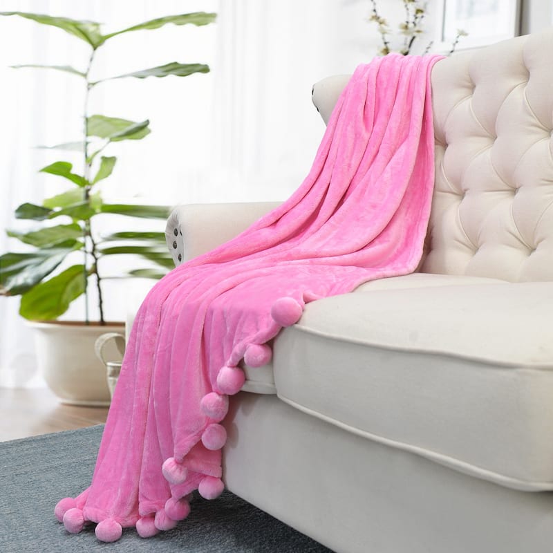 Pompom Flannel Fleece Throw