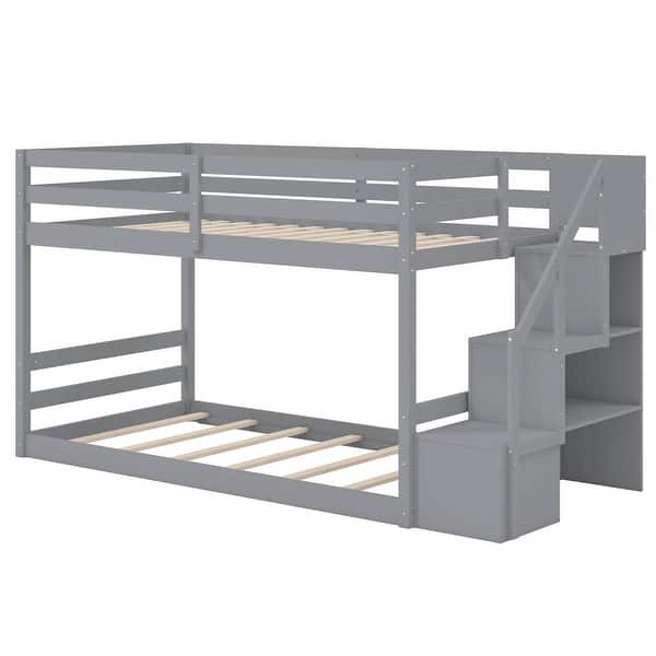 slide 2 of 20, Costway Twin Over Twin Low Bunk Bed Solid Wood Floor Bunk Bed Frame Grey