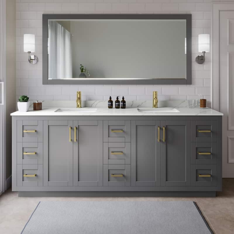 Wyndham Collection WCF292984D-QTZ-UNSMXX Miranda 84" Free Standing - Dark Gray / Giotto Quartz Top / Brushed Gold