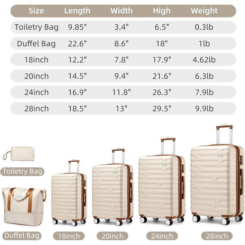 6-Piece Modern Hardshell Expandable Luggage with Travel Bag, Spinner Wheels and TSA Lock, for Boarding Travel, Cream+Brown