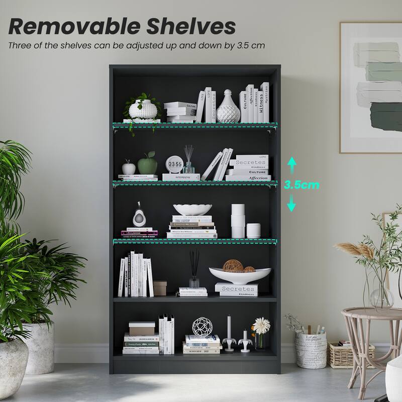 5 Shelf Modern Wood Bookshelf - 60 Inch Tall, Wide Manga & Bookcase for Bedroom & Living Room Library Bookcase