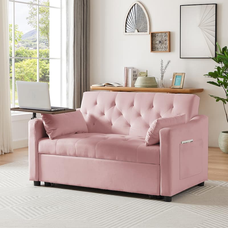 Velvet Pull Out Loveseat Sofa Convertible Sleeper Love Seat Bed w2 Pillow & 2 Pillows, Futon Sofa with 360掳 Swivel Shelves - Pink