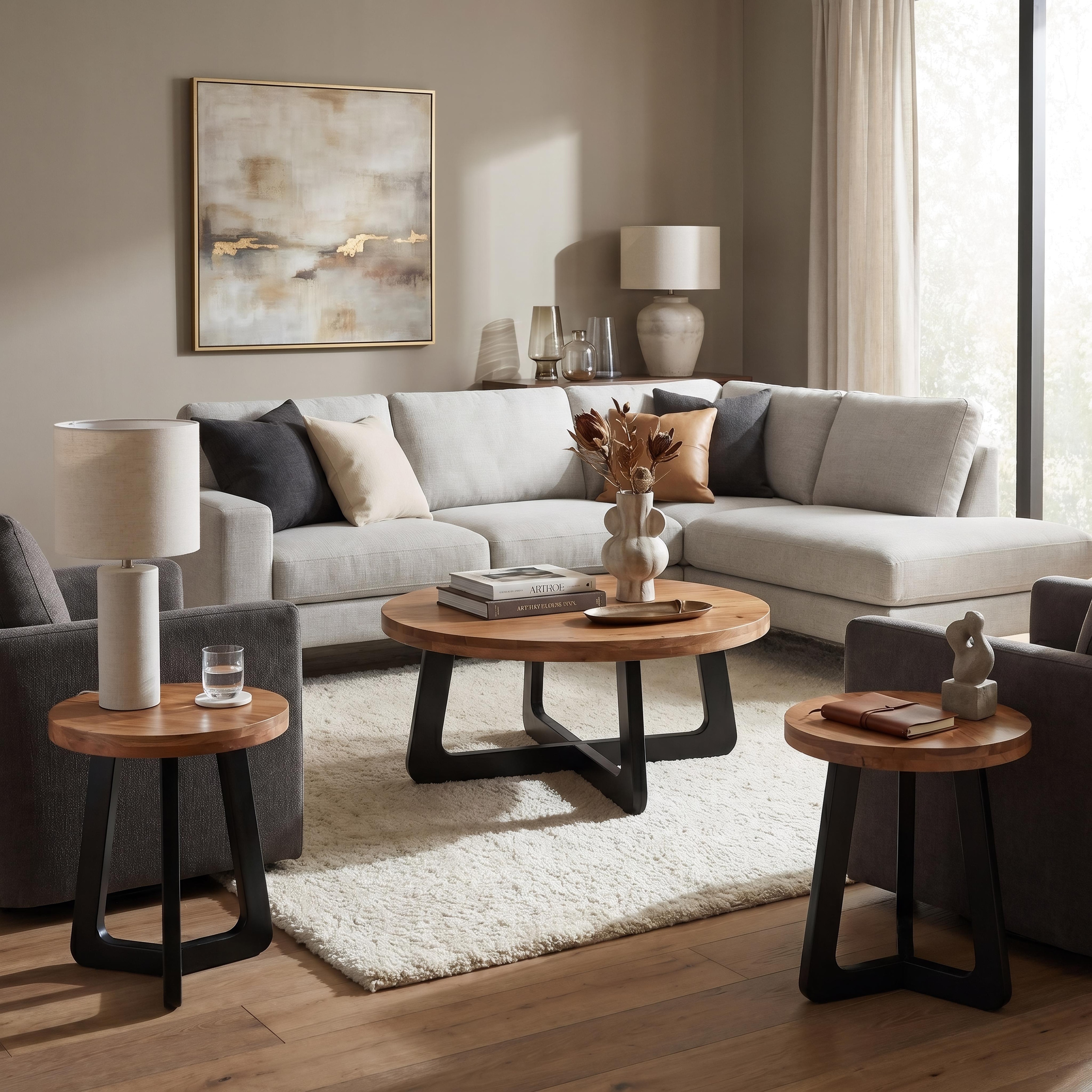 Ava Modern 2-Piece Round Solid Wood Living Room Table Set