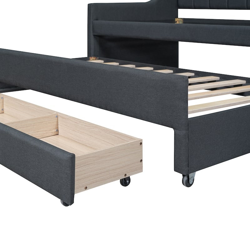 Twin Size Upholstered Daybed with Trundle and Three Drawers - Grey