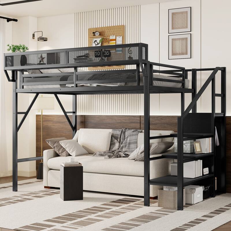 Twin XL Size Loft Bed with Stairs, Metal Full Loft Bed with Storage Shelves, High Loft Bed with Wardrobe for Kids Teens - Black