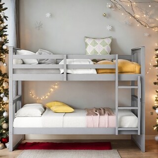 Stylish Twin Over Twin Bunk Bed with Full-length Guardrail and Built-in Ladder, Maximized Space, Functional and Aesthetic, Grey