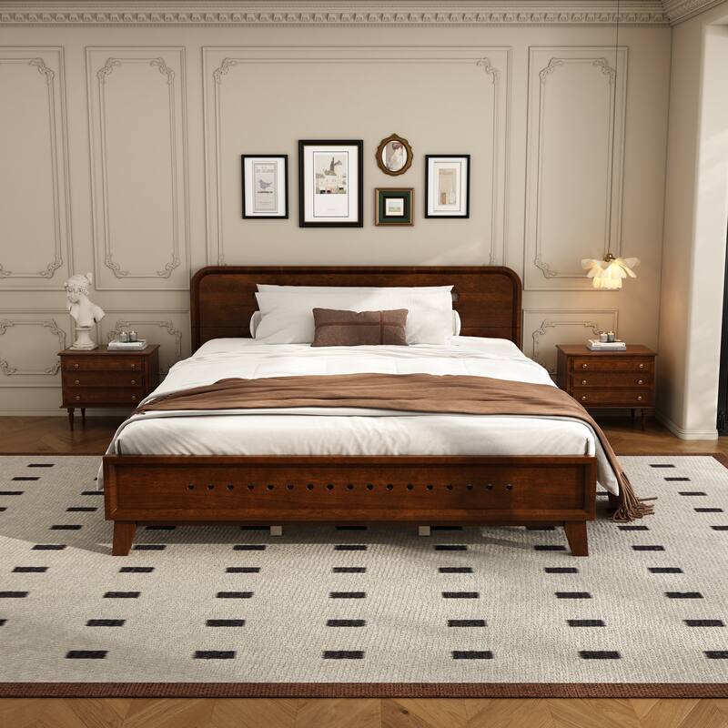 Rustic Pine Wood Bed Frame Low-Profile Platform Bed with Panel Headboard Solid Wood Slat Support and Extra Wide Thickened Legs - Dark Walnut - Queen