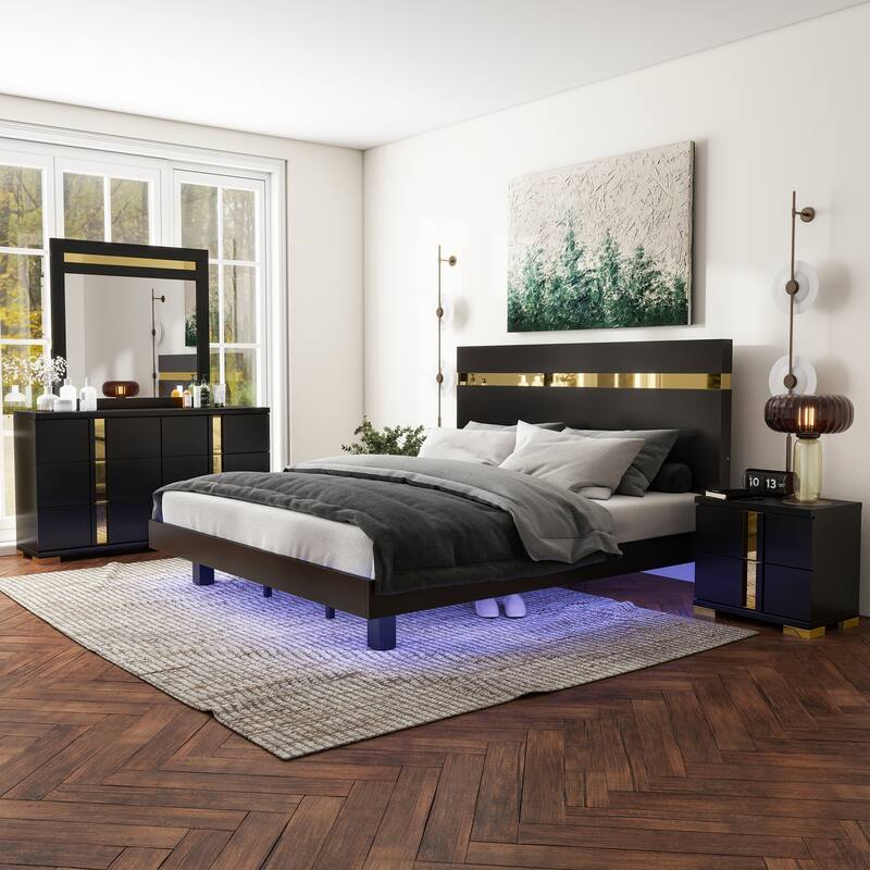 Furniture of America Halifax Modern 4-Piece Wood Black Platform Bedroom Set with Underbed LED - Eastern King