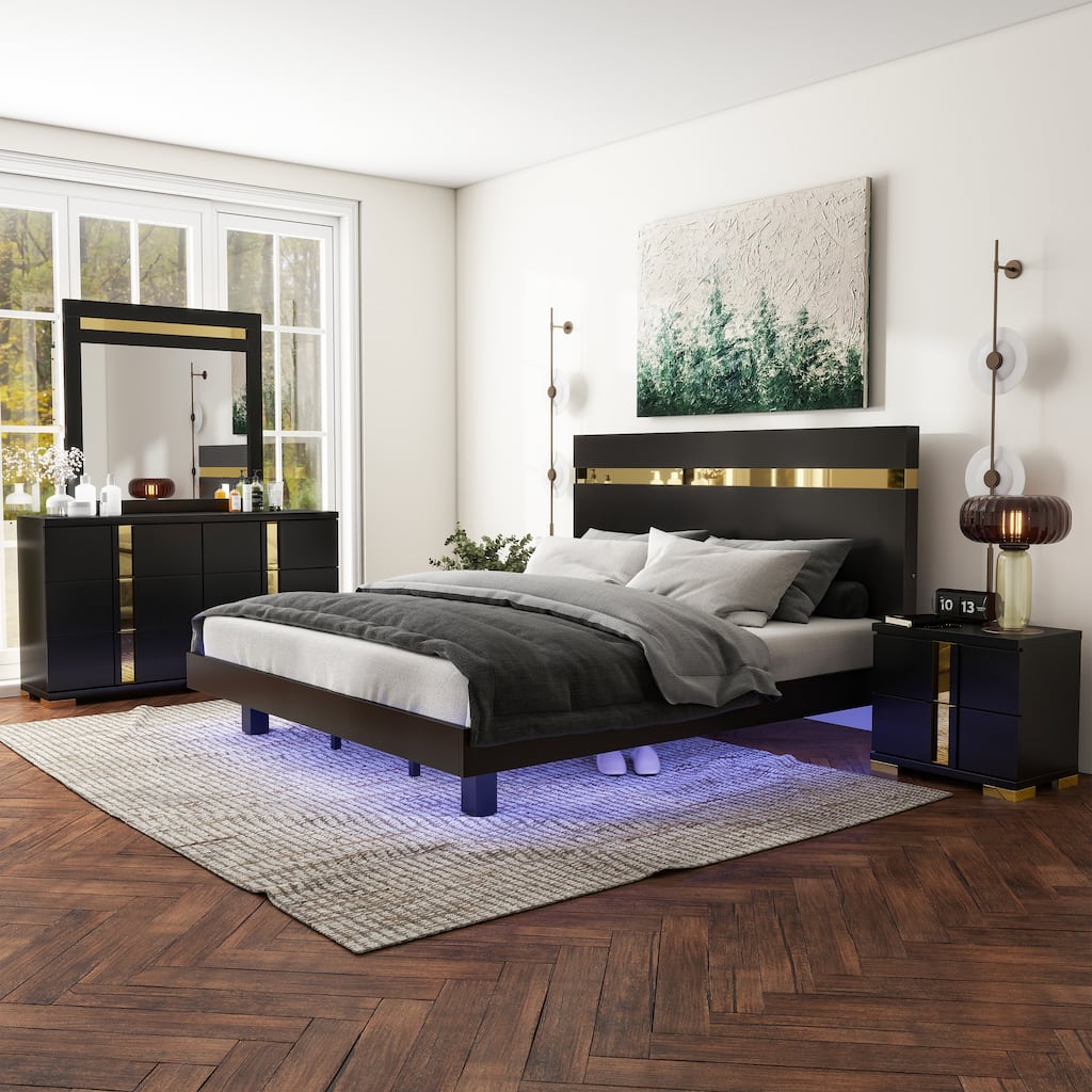 Furniture of America Halifax Modern 4-Piece Wood Black Platform Bedroom Set with Underbed LED