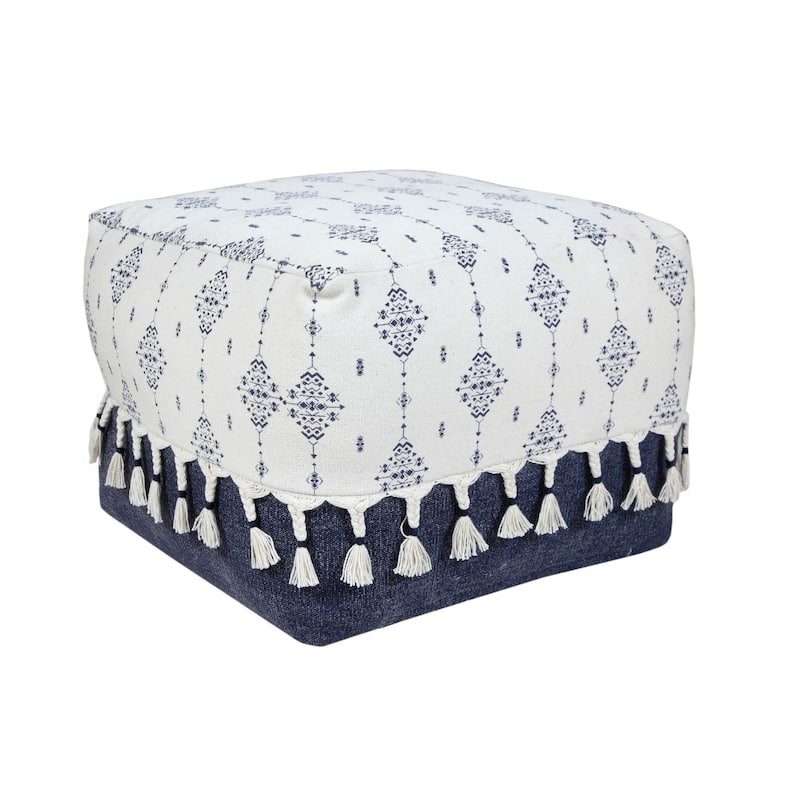 Sevita Navy and Ivory Scandinavian Ornamental Motif Pouf Ottoman