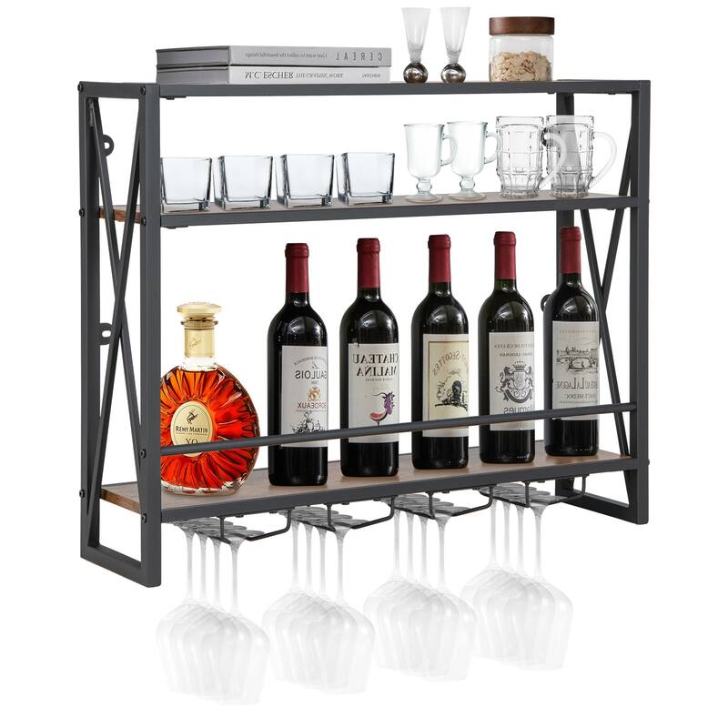 3-Tiers Industrial Wall Mounted Wine Rack with Glass Holder and Metal Frame - Brown