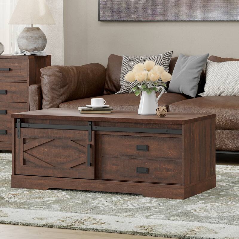 WAMPAT Rectangular Coffee Table with Sliding Barn Door