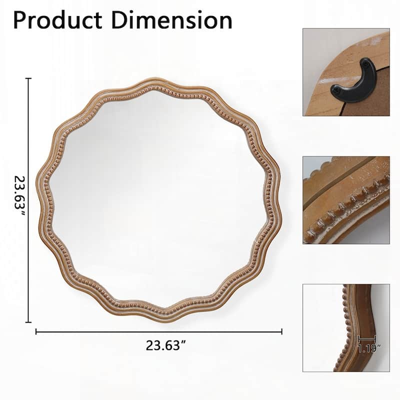Large Decorative Wood Framed Hanging Circle Mirror - Antique Natural