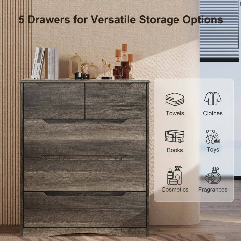 37 “ Tall Modern 5 Drawer Chest of Drawers Dresser Organizer, Vertical Clothes Storage Hanging Cabinet for Hallway, Bedroom