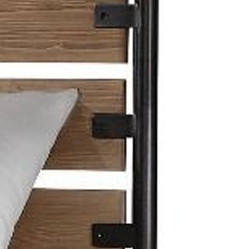 Twin Size Metal Bed Frame with Wood Headboard - Black Brown Slat Support Bed
