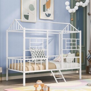 Creative Metal House Bed with Semi-enclosed House-shaped Frame, Ladder, Full-length Guardrail - No Box Spring Needed
