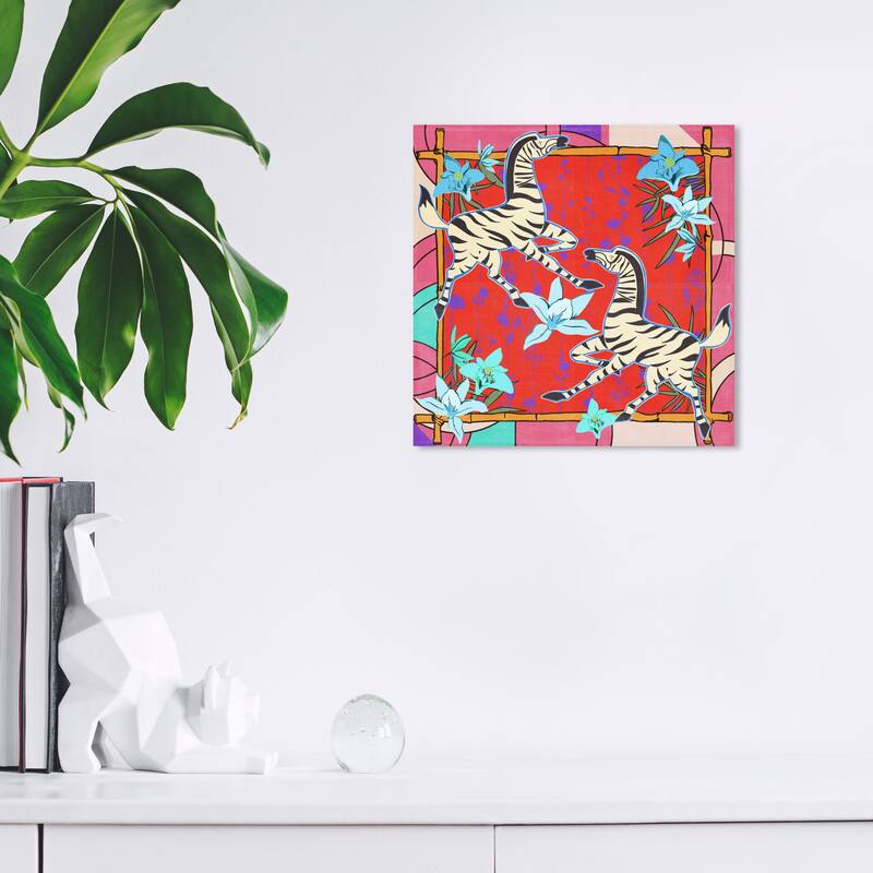 Wynwood Studio Canvas Animals Playful Zebras Red and Modern & Contemporary Wall Art Canvas Print - 12 x 12