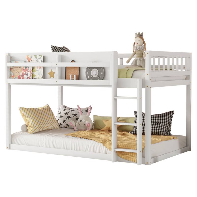 Low Twin Over Twin Bunk Bed, Floor Bunk Bed with Ladder and Storage Shelf, Convertible Design Twin Size Bunk Bed Frame