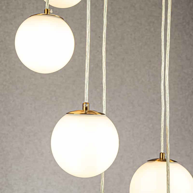 CraftHome 8-Light Modern White Opal Glass Staircase Chandelier Globe Bubble Glass Pendant In Matte Black For Entryway - W18''