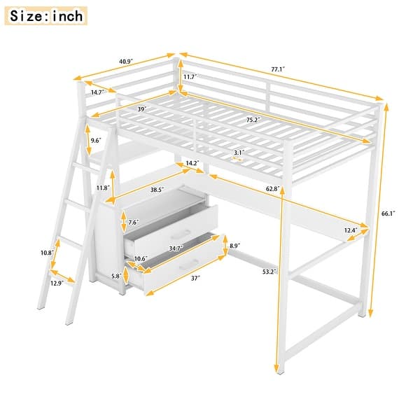 White Twin Size Metal Wood Loft Bed with Desk and Shelves