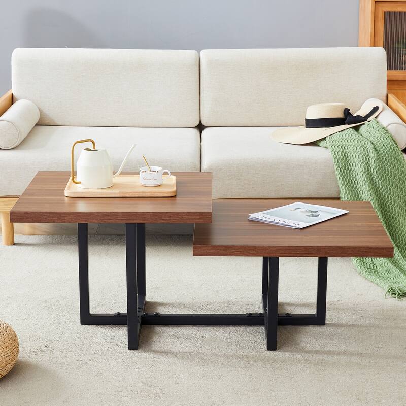 Modern Scandinavian Coffee Table 2 Tier Coffee Table with Storage Space Wood Grain Finish, for Living Room