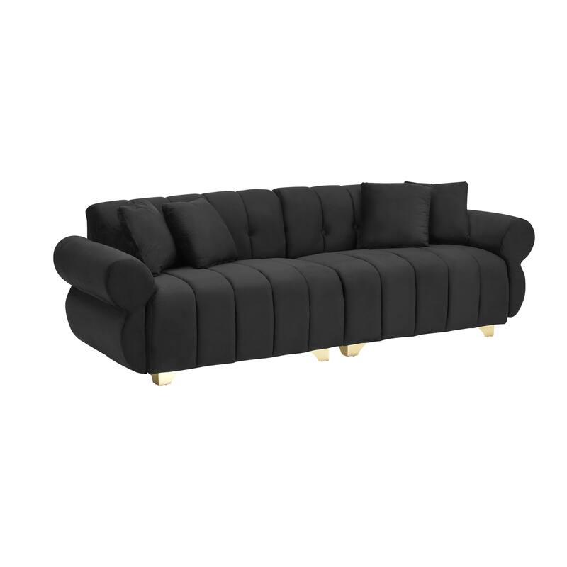 Velvet Sofas Lounge Couch with Round Armrests and Channel Tufting Back, Deep Seat Sofa with Metal Leg and 4 Throw Pillows