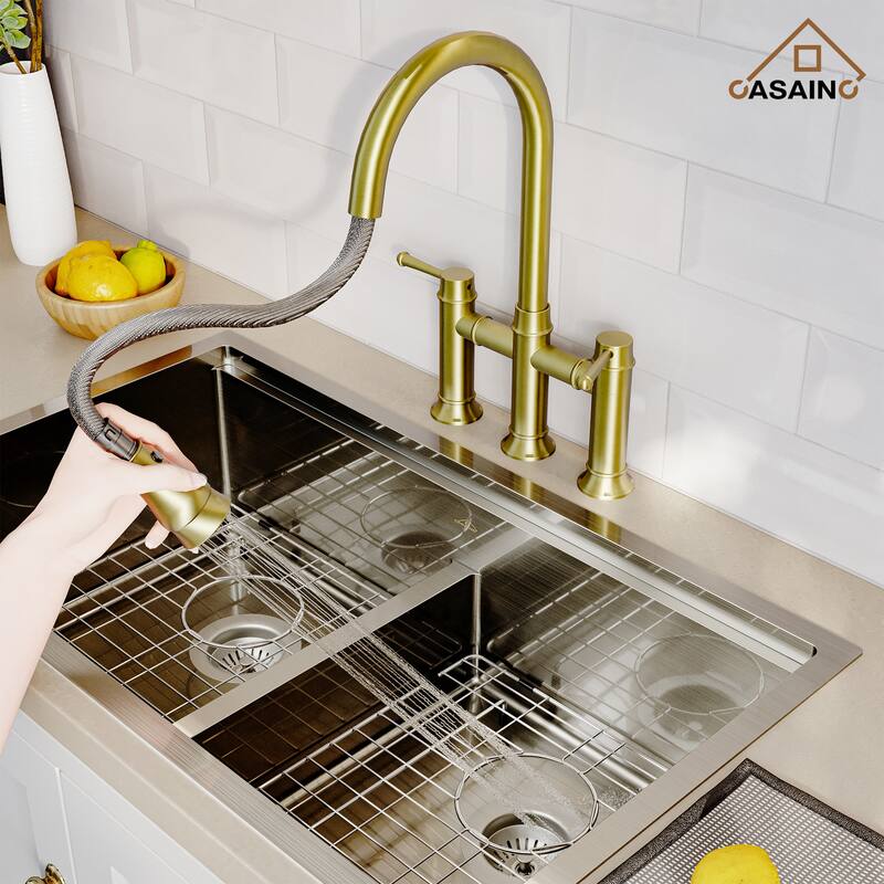Double Handle Bridge Kitchen Faucet with 3-Function Pull-Down Spray Head - Yellow