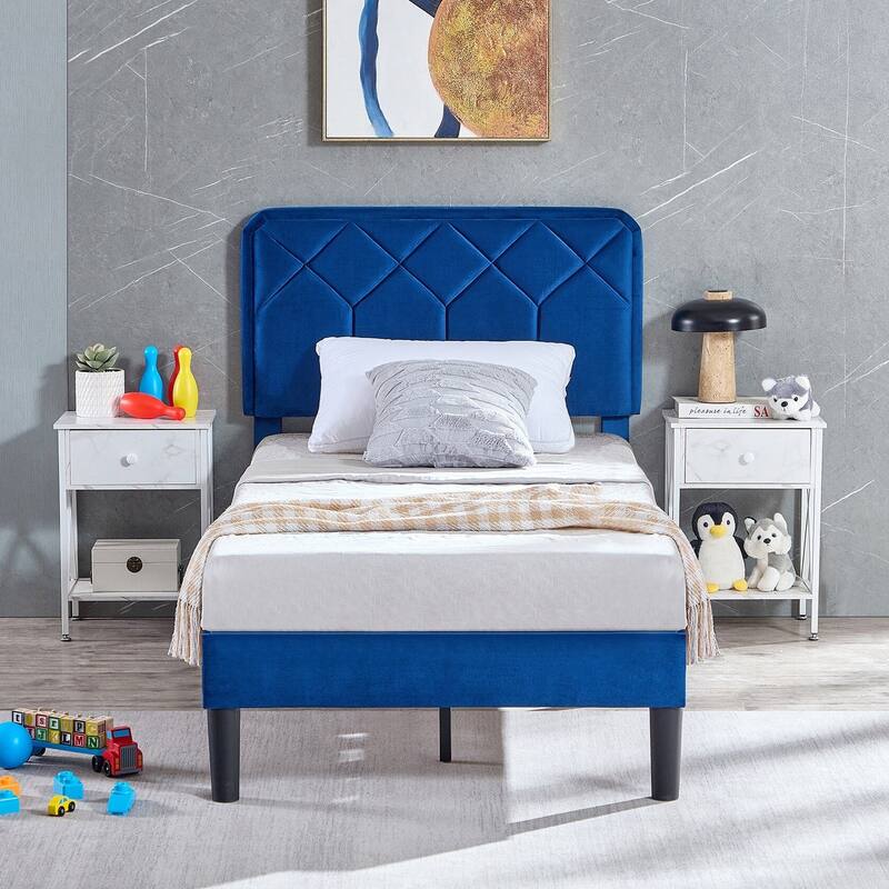 2 Pcs Upholstered Twin Size Platform Bed with Adjustable Headboard