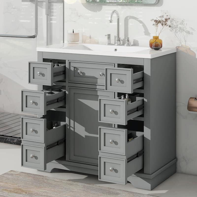36" Bathroom Vanity with Sink Combo: Cabinet, Six Drawers - with sink - Grey