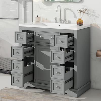 36" Bathroom Vanity with Sink Combo: Cabinet, Six Drawers