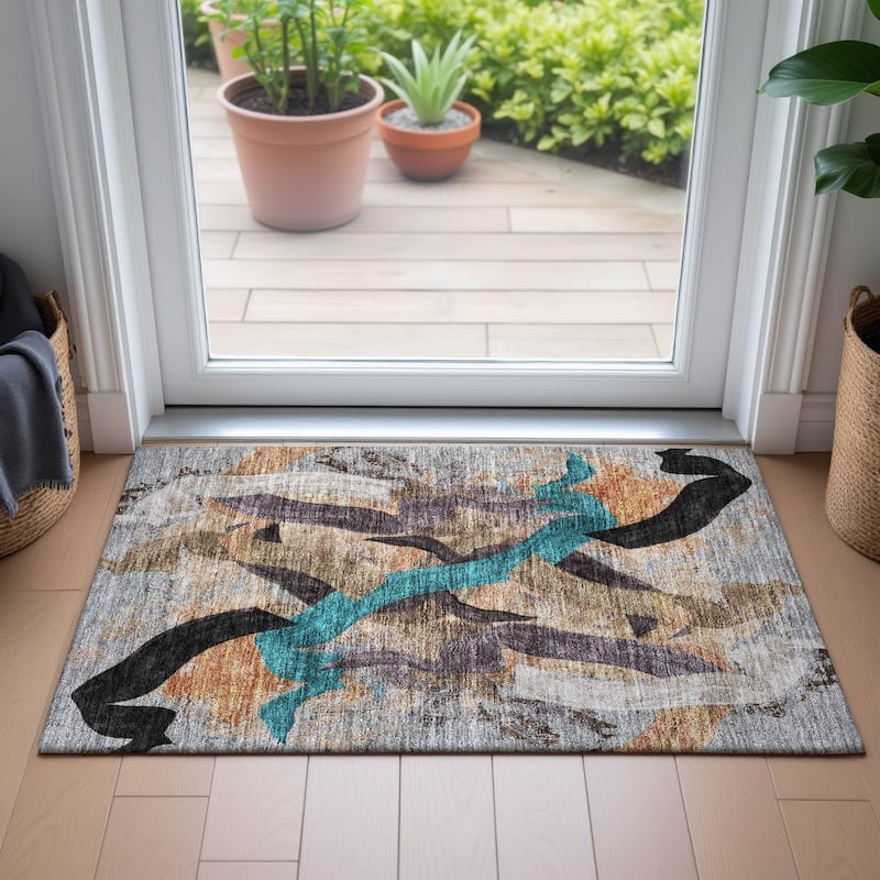Machine Washable Indoor/Outdoor Contemporary Brushstrokes Chantille Rug